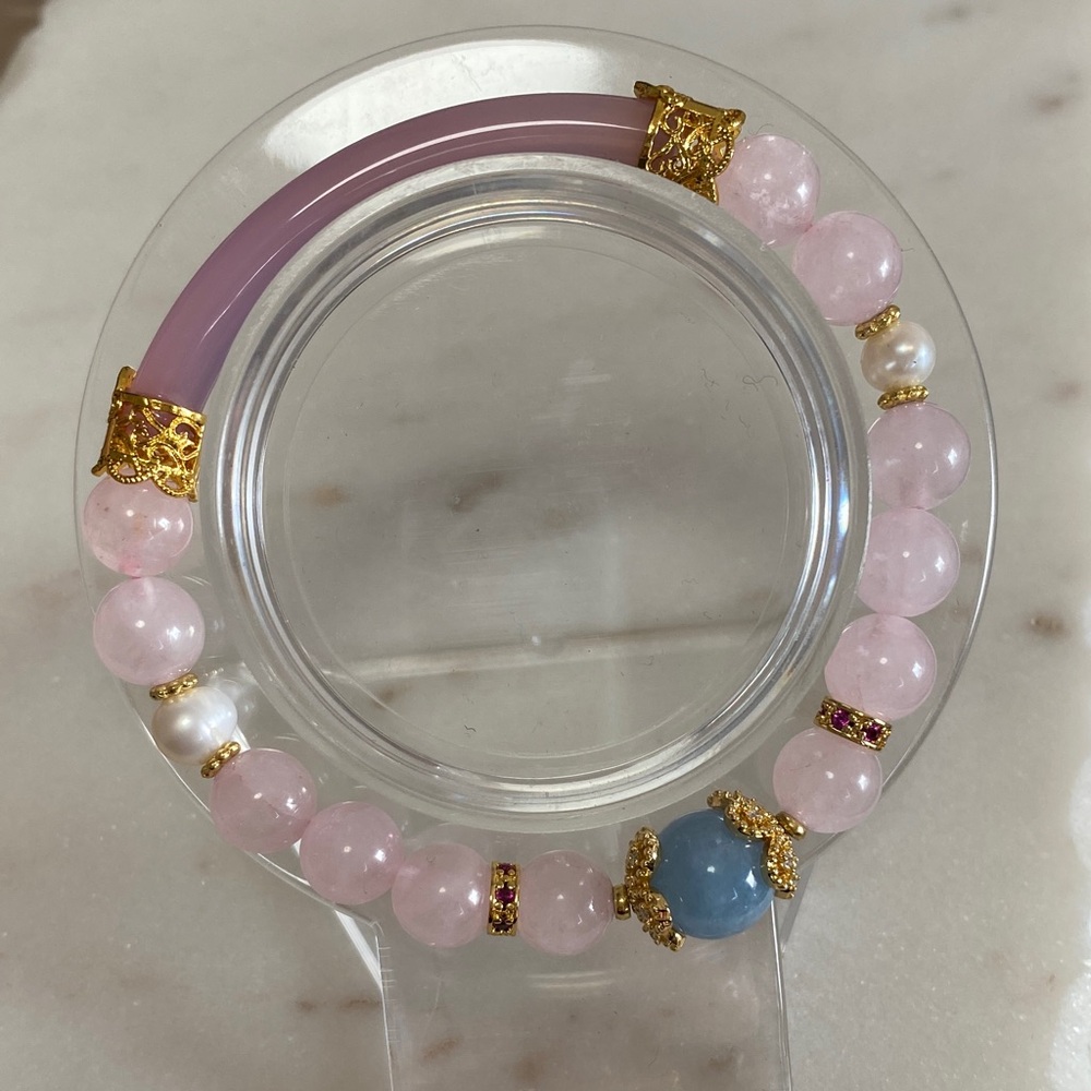 Lavender Agate Half Bangle Bracelet with Rose Quartz & Genuine Pearls
